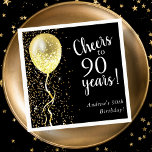 Black & Gold | 90th Glitter Balloon Birthday  Napkins<br><div class="desc">Customizable 90th birthday napkins featuring gold glitter and a gold glitter balloon,  on a black background.</div>