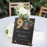 Black gold 90th photo birthday party welcome pedestal sign<br><div class="desc">A welcome sign for a 90th birthday party. Black background and faux gold colored stars. Personalize and add a name and photo.</div>