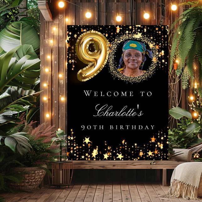 Black gold 90th photo birthday party welcome poster (Creator Uploaded)