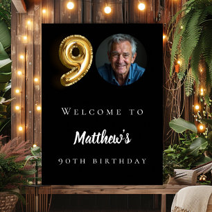 Black gold 90th photo birthday party welcome poster