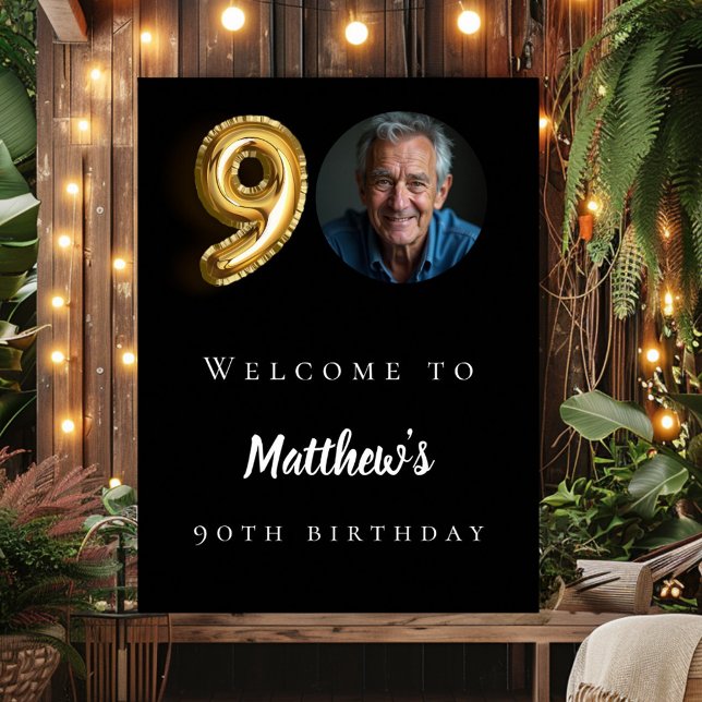 Black gold 90th photo birthday party welcome poster (Creator Uploaded)