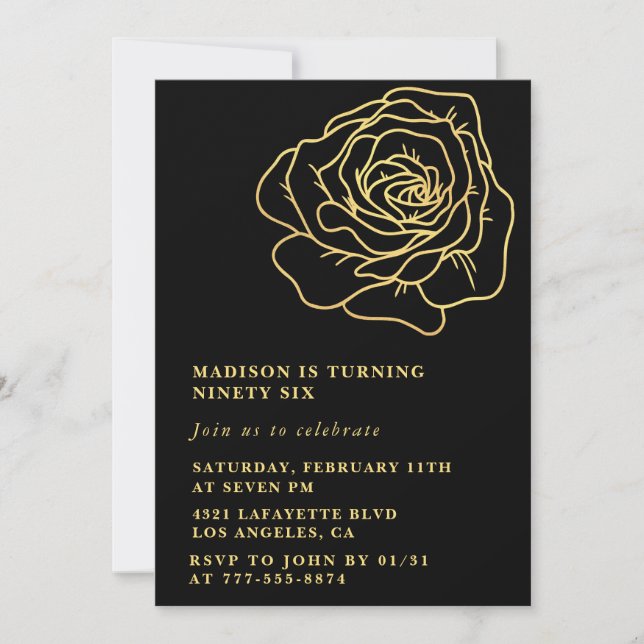 Black Gold 96th birthday invitations Floral (Front)
