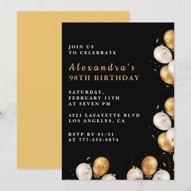 Black Gold 98th birthday invitations  Balloon  (Front/Back)