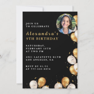 Black Gold 9th birthday invitation Balloon Photo