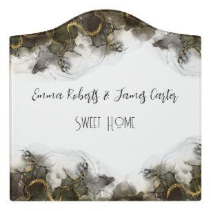 Black Gold Abstract Alcohol Ink Art Door Sign