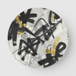 Black Gold Abstract Brushstrokes Round Clock