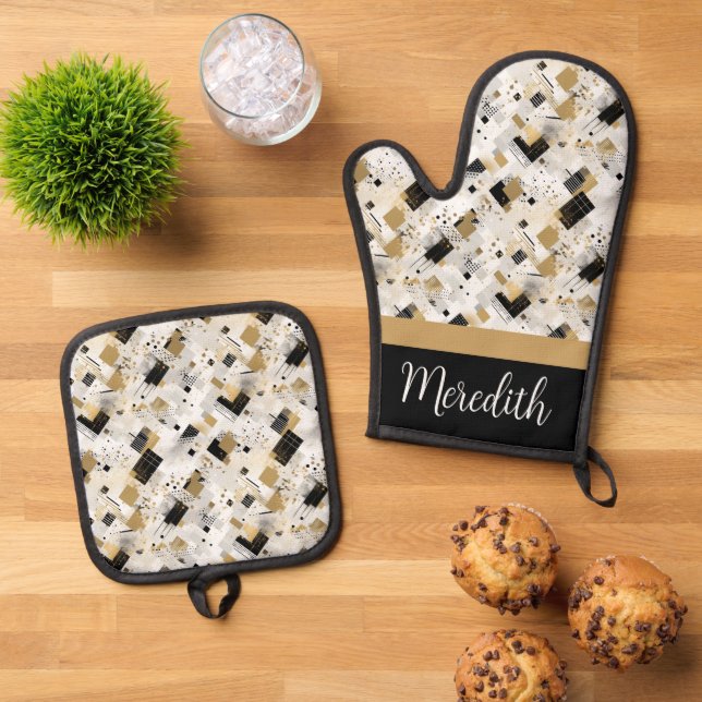 Black Gold Abstract Custom Name Gift Oven Mitt & Pot Holder Set (Top Down)