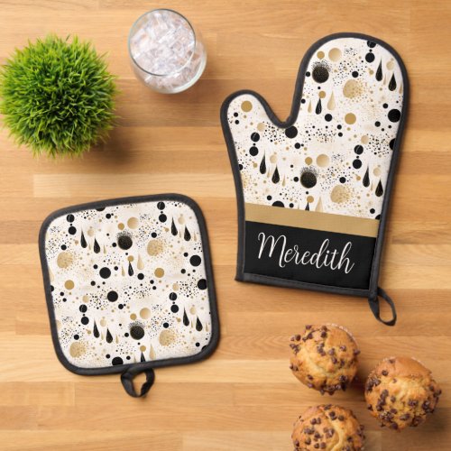 Black Gold Abstract Custom Name Gift Oven Mitt  Pot Holder Set