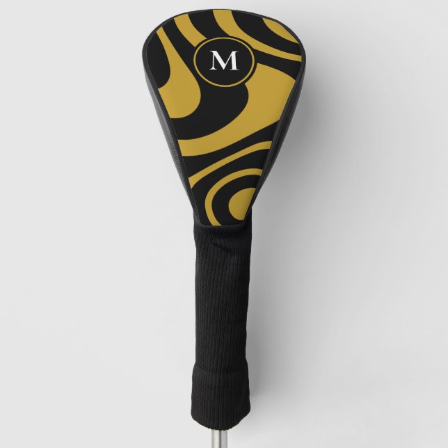 Black Gold Abstract Design Custom Initial Driver Golf Head Cover (Front)