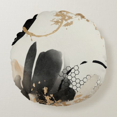 Black Gold Abstract Design Round Pillow