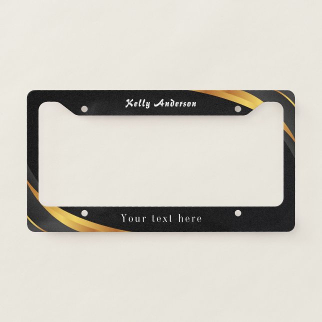 Black & Gold Abstract Design with Custom Text License Plate Frame (Front)