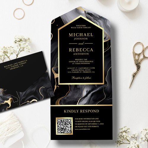 Black Gold Abstract Fluid Ink QR Code Wedding All In One Invitation