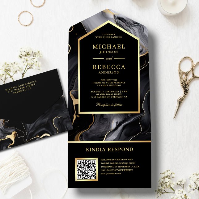 Black Gold Abstract Fluid Ink QR Code Wedding All In One Invitation (Creator Uploaded)