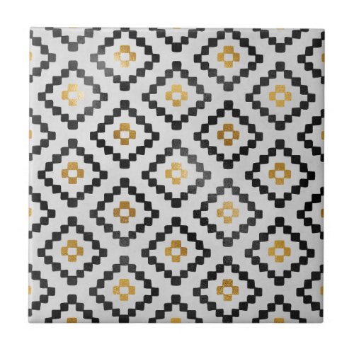 Black Gold Abstract Geometric Diamond Pattern Ceramic Tile