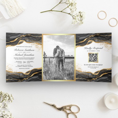Black Gold Abstract Ink QR Code Wedding Tri_Fold Invitation