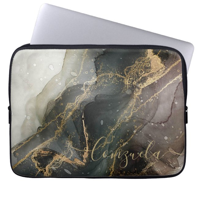 Black Gold Abstract Marble Laptop Sleeve (Front)