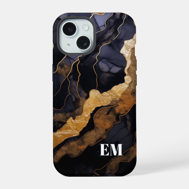 Black Gold Abstract Marble Monogram Initials Iphone Case (Back)