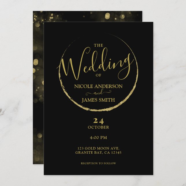 Black & Gold Abstract New Moon Sparkle Wedding Invitation (Front/Back)