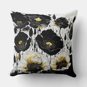 Black Gold Abstract Poppies Throw Pillow
