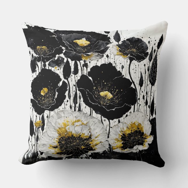 Black Gold Abstract Poppies Throw Pillow (Front)