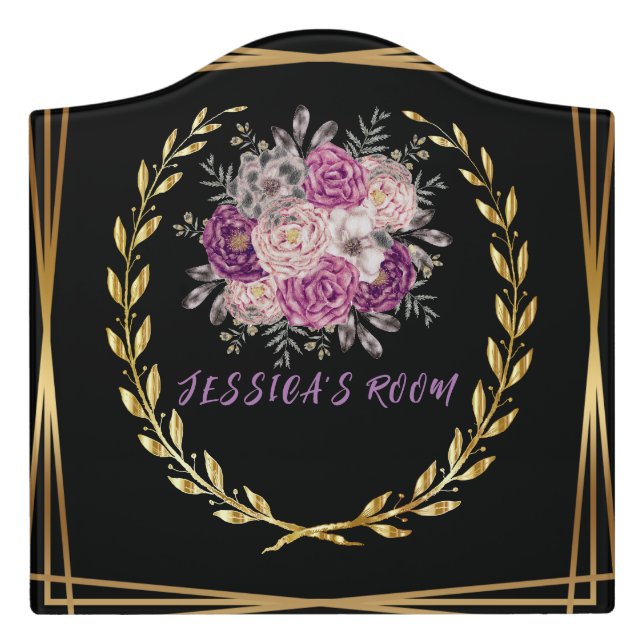 Black Gold Abstract Purple Floral Laurel Wreath  Door Sign (Large Crest Front)