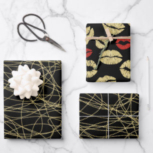 Black Gold Abstract Red Lips Bridal Shower Wrapping Paper Sheets