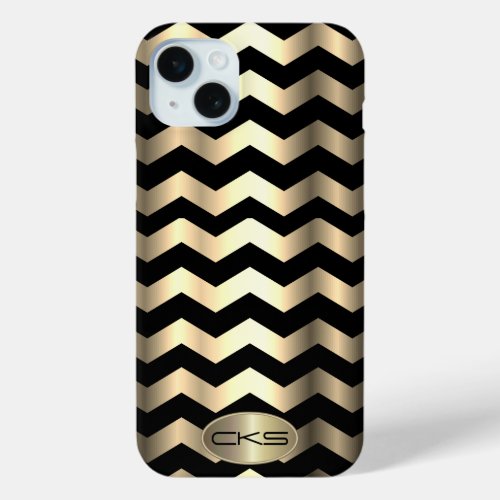 Black  Gold Abstract Stripes  Monogram  iPhone 15 Plus Case