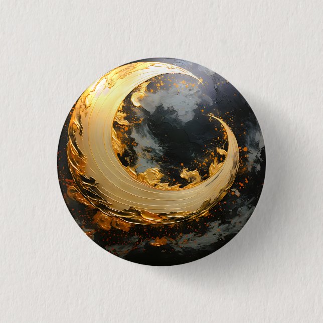 Black Gold Abstract Swirl Modern Moon Button (Front)