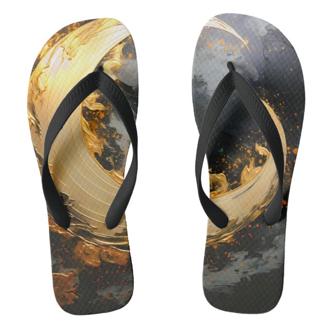Black Gold Abstract Swirl Modern Moon Flip Flops (Footbed)