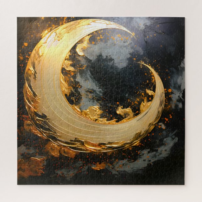 Black Gold Abstract Swirl Modern Moon Jigsaw Puzzle (Vertical)