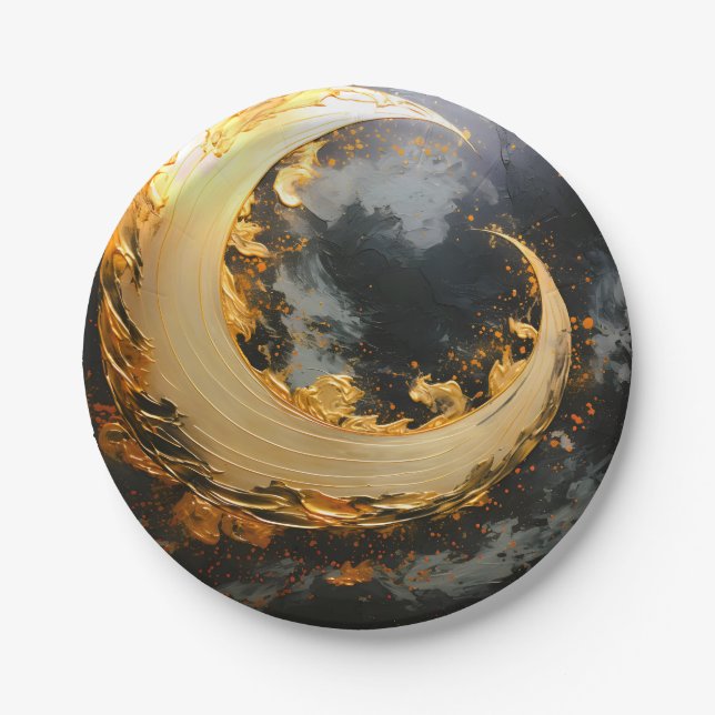 Black Gold Abstract Swirl Modern Moon Paper Plates (Front)