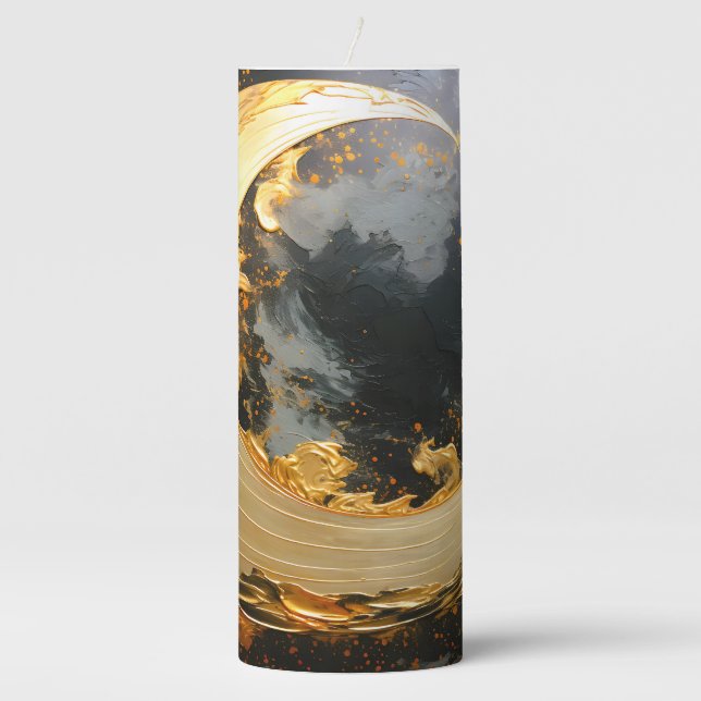 Black Gold Abstract Swirl Modern Moon Pillar Candle (Front)