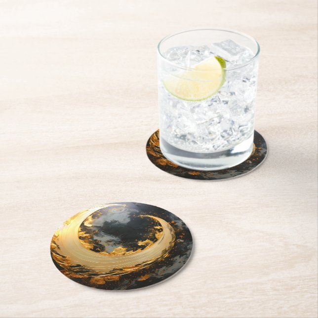 Black Gold Abstract Swirl Modern Moon Round Paper Coaster (Insitu)