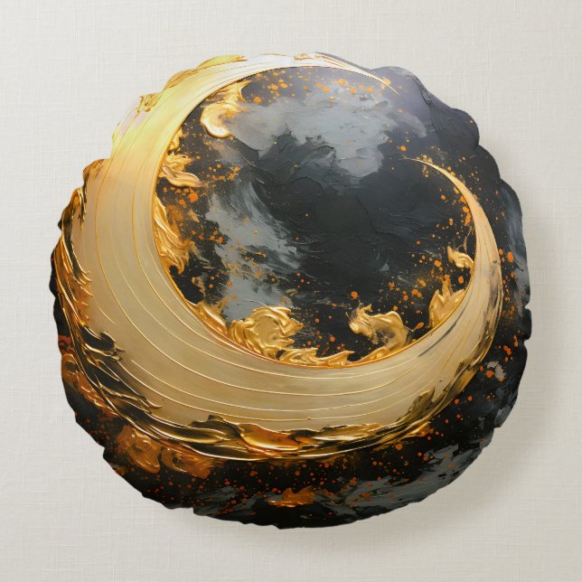 Black Gold Abstract Swirl Modern Moon Round Pillow (Front)