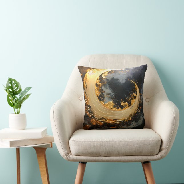 Black Gold Abstract Swirl Modern Moon Throw Pillow (Chair)