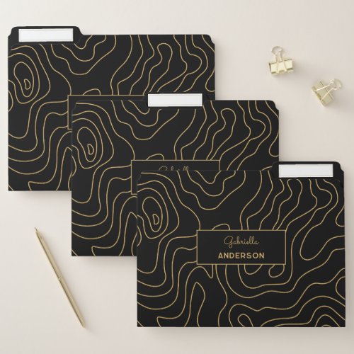 Black  Gold Abstract Topography Line Pattern  File Folder