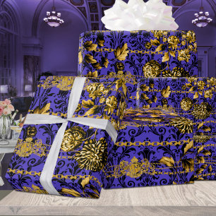 Black Gold Acanthus Leaf Chains Floral Gold Purple Wrapping Paper