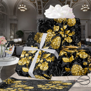 Black & Gold Acanthus Leaf Floral Palace Wrapping Paper