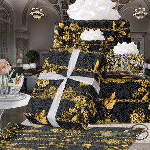 Black & Gold Acanthus Leaf Gold Chains Luxury Posh Wrapping Paper
