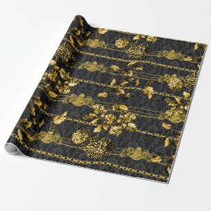 Black & Gold Acanthus Leaf Gold Chains Luxury Posh Wrapping Paper