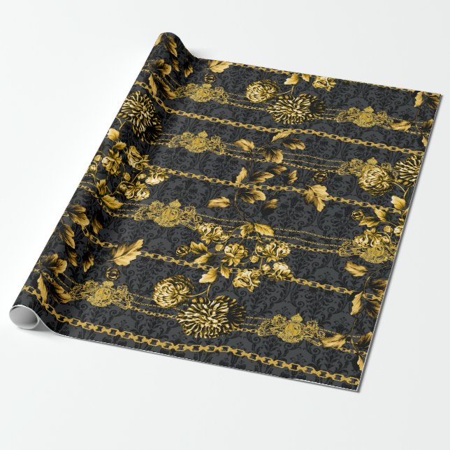 Black & Gold Acanthus Leaf Gold Chains Luxury Posh Wrapping Paper (Unrolled)