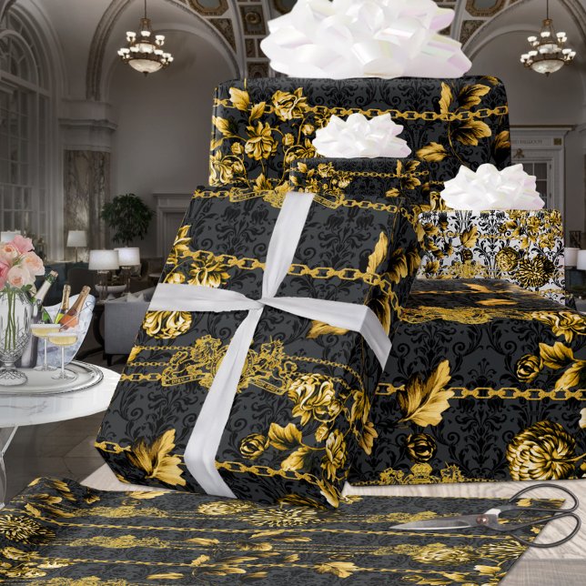 Black & Gold Acanthus Leaf Gold Chains Luxury Posh Wrapping Paper Sheets (Black & Gold Acanthus Leaf Gold Chains Luxury Posh Wrapping Paper Sheets )