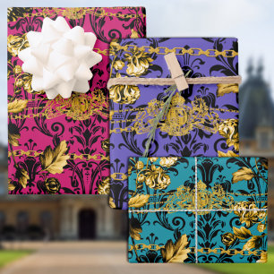 Black & Gold Acanthus Leaf Gold Chains Luxury Posh Wrapping Paper Sheets