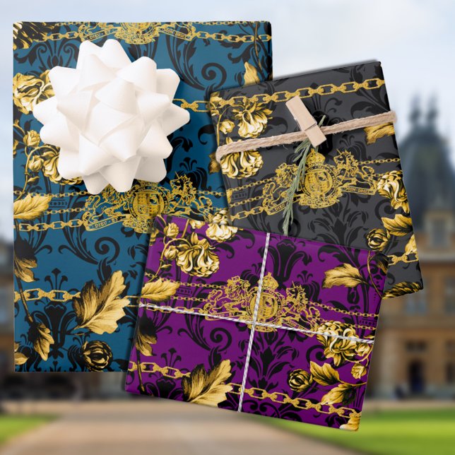 Black & Gold Acanthus Leaf Gold Chains Luxury Posh Wrapping Paper Sheets (Creator Uploaded)