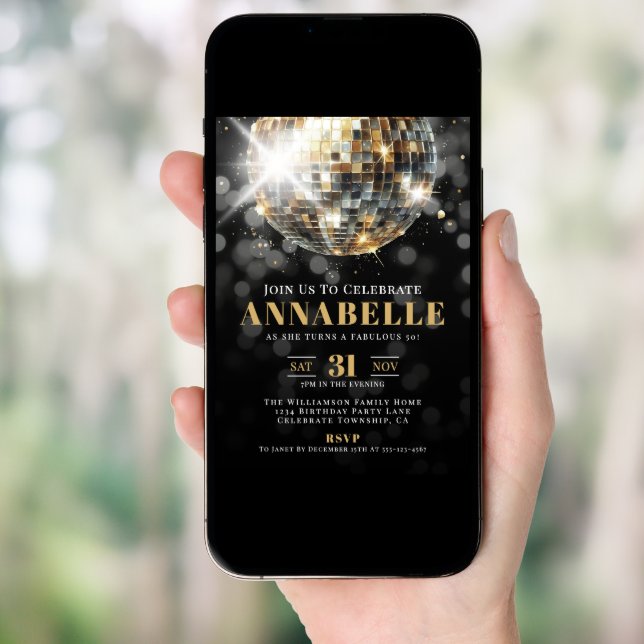 Black Gold Adult 50th Birthday Party Invitation (Front Digital)