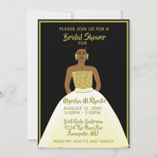 Black  Gold African American Woman Bridal Shower  Invitation