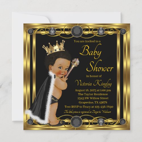 Black Gold Afro Prince Jewel Baby Shower Invitation