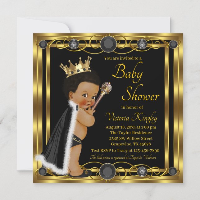 Black Gold Afro Prince Jewel Baby Shower Invitation (Front)