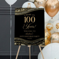 Black Gold Agate 100th Birthday Party Welcome Sign
