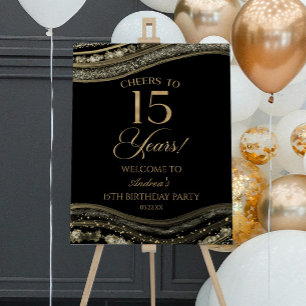 Black Gold Agate 15th Birthday Party Welcome Sign